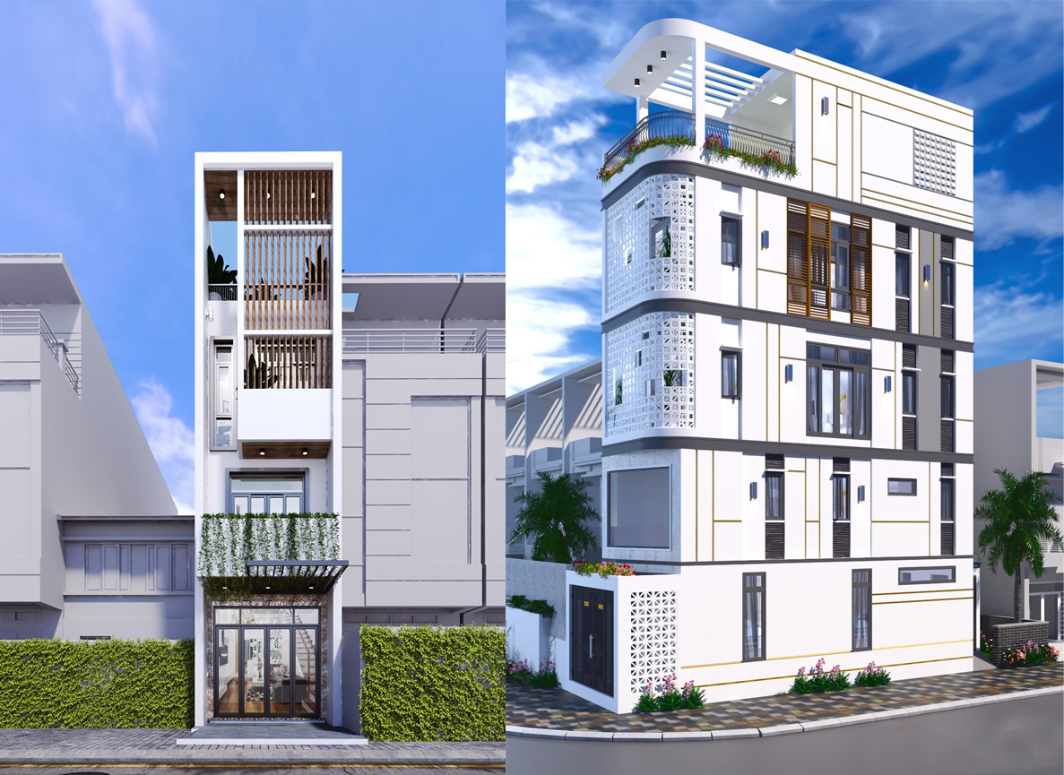 Ứng dụng hệ lam nhôm hoặc lam bê tông cốt thép và gạch bông gió để chắn nắng cho mặt đứng của nhà phố Hai mẫu thiết kế nhà phố